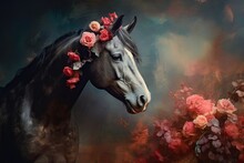  A Painting Of A Horse With A Flower Crown On It's Head And A Bush Of Flowers In Front Of It, With A Dark Background Of Red And Pink Flowers.  Generative Ai