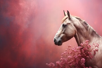 Canvas Print -  a white horse standing in front of a red and blue sky with pink flowers in the foreground and behind it is a bush with pink flowers in the foreground.  generative ai