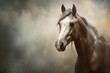 a brown and white horse standing in front of a cloudy sky with its head turned to the side and it's head turned to the side, with it's eyes closed.  generative ai