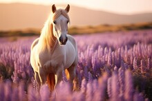  A White Horse Standing In The Middle Of A Field Full Of Purple Flowers In The Distance Is A Mountain Range In The Distance, With A Pink Sky In The Background.  Generative Ai