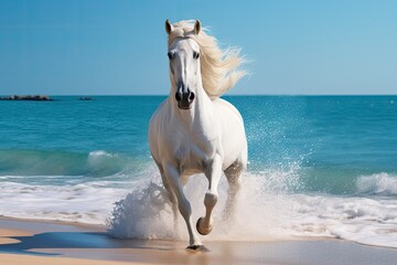 Canvas Print -  a white horse running on a beach near the ocean with a blue sky in the background and a boat in the water in the distance, and a white horse running in the foreground.  generative ai