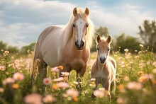  A Baby Horse Standing Next To An Adult Horse In A Field Of Wildflowers With A Blue Sky In The Background And A Few Clouds In The Foreground.  Generative Ai