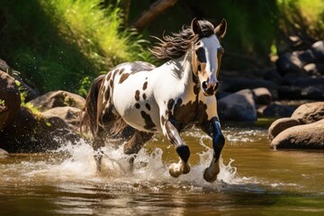 Poster -  a brown and white horse running through a river with rocks and grass in the backgrouds of the water and trees in the backgrouds of the background.  generative ai