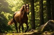  a brown horse running through a forest filled with lots of green grass and trees, with sunlight shining through the trees on the far side of the horse's head.  generative ai