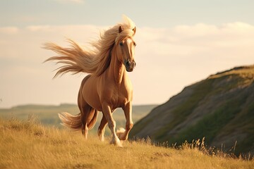 Poster -  a brown horse with a long mane running through a grassy field with a hill in the distance in the distance is a blue sky and a few clouds in the distance.  generative ai