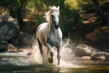 Wall Mural -  a white horse running through a river with trees in the background and rocks in the foreground and water in the foreground, with trees and rocks in the background.  generative ai