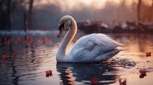 A White Swan Floating On Top Of A Body Of Water Next To A Forest Filled With Red And White Flowers At Sunset With A Few Leaves Floating On The Water.  Generative Ai