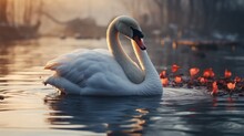  A Swan Floating On Top Of A Body Of Water Next To A Bunch Of Red Flowers On The Side Of A Body Of Water With A Sunset In The Background.  Generative Ai