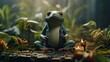  a frog is sitting on the ground in the middle of a garden with flowers and plants around it, with a candle in the middle of the frog's legs.  generative ai