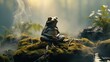  a frog sitting on a mossy rock in the middle of a stream of water with steam coming out of it's eyes and steam coming out of its mouth.  generative ai