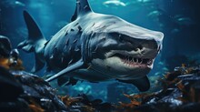  A Close Up Of A Shark In An Aquarium With A Fish In It's Mouth And A Lot Of Other Fish In The Water Around It's Surface.  Generative Ai