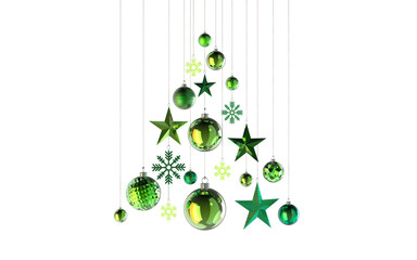 Wall Mural - sweet abstract christmastree in shades of green stars snowflakes baubles hanging from above isolated