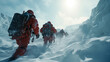 Mountain climbing team hikes up a snowy mountain path.