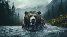  A Grizzly Bear Swimming In A River With A Mountain In The Backgroup And Trees In The Backgroup In The Backgroup.  Generative Ai