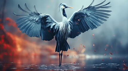 Wall Mural -  a bird spreads its wings while standing on a small island in the middle of a body of water in front of a dark, foggy, foggy background.  generative ai