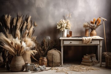 A workspace with dried flowers, Turkish rug, and rattan baskets.