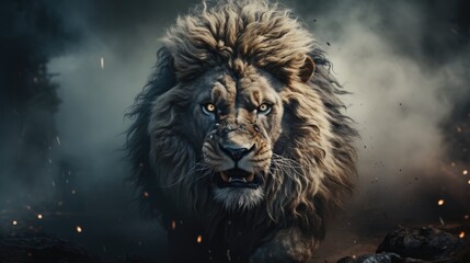 Wall Mural -  a close up of a lion on a dark background with a lot of smoke coming out of its mouth and a lot of fire coming out of it's eyes.  generative ai