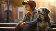 A boy with a dog is sitting on a bench in the city square. Early morning. Caring for animals and affection. Copy space.