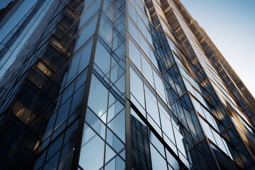 An architectural close-up of a gleaming skyscraper, showcasing the elegance and innovative design found in contemporary urban architecture