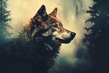 Ethereal Double Exposure Image Of A Wolf