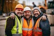 Men builders in reflective vests and helmets pose for photo smiling during work break. Cheerful workers friends in warm uniforms stand on construction site with operating tractor