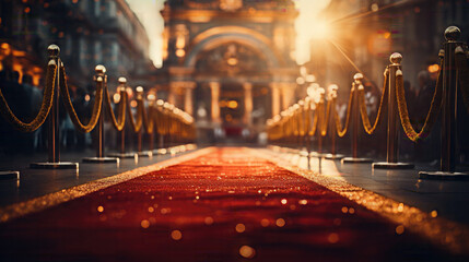 Wall Mural - Red carpet rolling out in front of glamorous movie premiere background