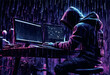 cyber hacker in hoodie with a laptop cyber hacker in hoodie with a laptop hacker with laptop computer and data code on the background of the city