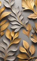 Wall Mural - Abstract art nature background with golden, grey, beige exotic leaves. Artistic grunge hand drawn textures. Modern wallpaper, backdrop, wall art, poster, canvas, Generative AI