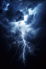 Poster - A powerful lightning bolt emerges from a dark sky. Perfect for illustrating storms, power, and energy.