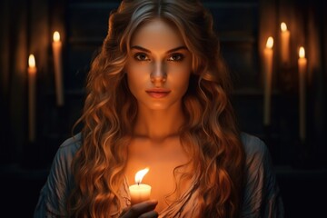 Poster - A woman holding a lit candle in her hands. This image can be used to symbolize hope, meditation, relaxation, or spirituality.