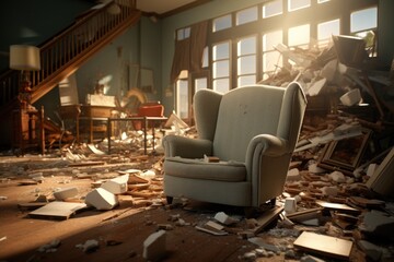 Poster - A chair sitting in a room filled with rubble. This image can be used to depict destruction, abandonment, or post-apocalyptic settings.