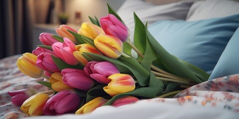 Poster - A bunch of yellow and pink tulips arranged on a bed. This image can be used to add a touch of color and freshness to various projects.