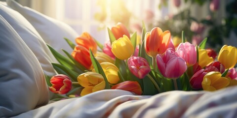 Aufkleber - A bunch of tulips sitting on top of a bed. Perfect for home decor or floral arrangements.