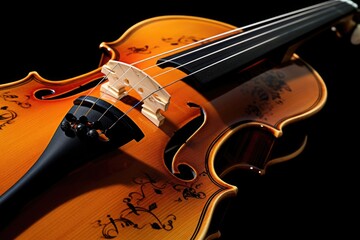 Poster - A close-up view of a violin on a black background. This image can be used for music-related designs or to represent the elegance and beauty of classical instruments.