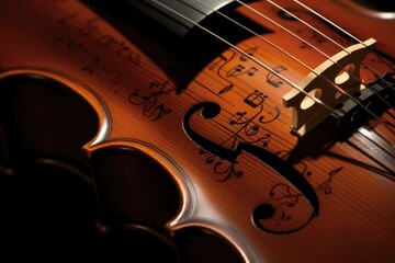 Poster - A detailed close-up of a violin with beautifully engraved musical notes. Perfect for music-themed designs and compositions.