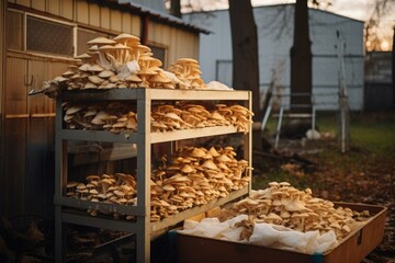 Wall Mural - A bunch of mushrooms sitting on top of a rack. This image can be used to depict fresh produce, healthy eating, or cooking ingredients.