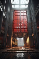  A large red container is pictured inside a building. This image can be used to represent storage, logistics, or transportation.