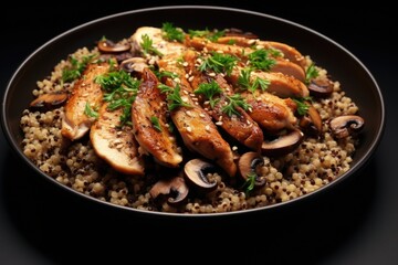 Poster - A plate of food featuring mushrooms and rice, perfect for a delicious and nutritious meal. Can be used to showcase healthy eating, vegetarian or vegan recipes, or for food-related content.