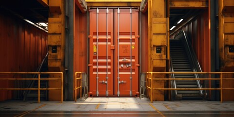 Poster - A picture of a red metal door in a building with stairs. This image can be used to represent entrances, architecture, urban environments, or industrial settings.