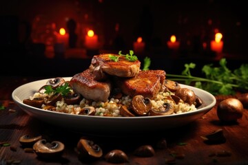 Poster - A plate of food is beautifully arranged on a table with candles in the background. This image can be used to create an inviting and romantic ambiance for special occasions or intimate dinners.