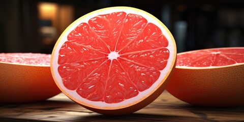 Poster - A picture of a grapefruit cut in half and placed on a table. This image can be used for various purposes.
