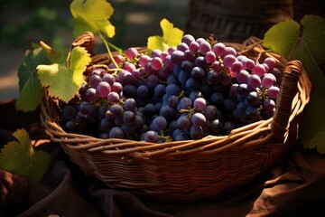 Sticker - A basket full of grapes sitting on a table. Perfect for food and agriculture related projects.