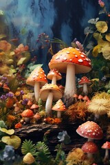 Poster - A group of mushrooms sitting on top of a log. This image can be used to depict nature, forest, mushrooms, or environmental themes.