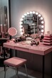 A pink vanity with a mirror and stool. Perfect for a bedroom or dressing room setup.