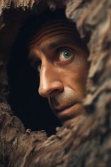 Poster - A man is seen peering out of a small hole in a tree. This image can be used to depict curiosity, exploration, or a hidden discovery.