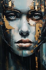 Poster - A detailed close-up of a painting capturing the exquisite features of a woman's face. Ideal for adding a touch of elegance and sophistication to any artistic project.