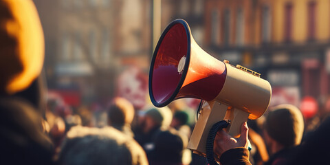 Sticker - A person holding a megaphone in front of a large crowd. This image can be used to represent leadership, public speaking, protests, or rallies.