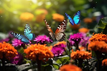 Poster - A beautiful scene of several butterflies flying gracefully over a field of colorful flowers. Perfect for adding a touch of nature and serenity to any project or design.