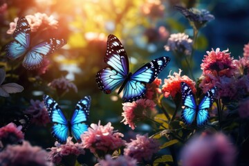 Poster - A group of blue butterflies sitting on top of pink flowers. Perfect for nature enthusiasts and garden lovers.