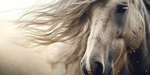Poster - A close-up shot of a horse with long hair blowing in the wind. Perfect for equestrian enthusiasts or nature lovers.